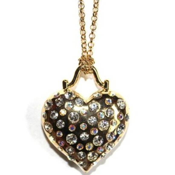 32" Long Beautiful Gold Aurora Borealis Crystal Heart Love Necklace - Picture 3 of 4